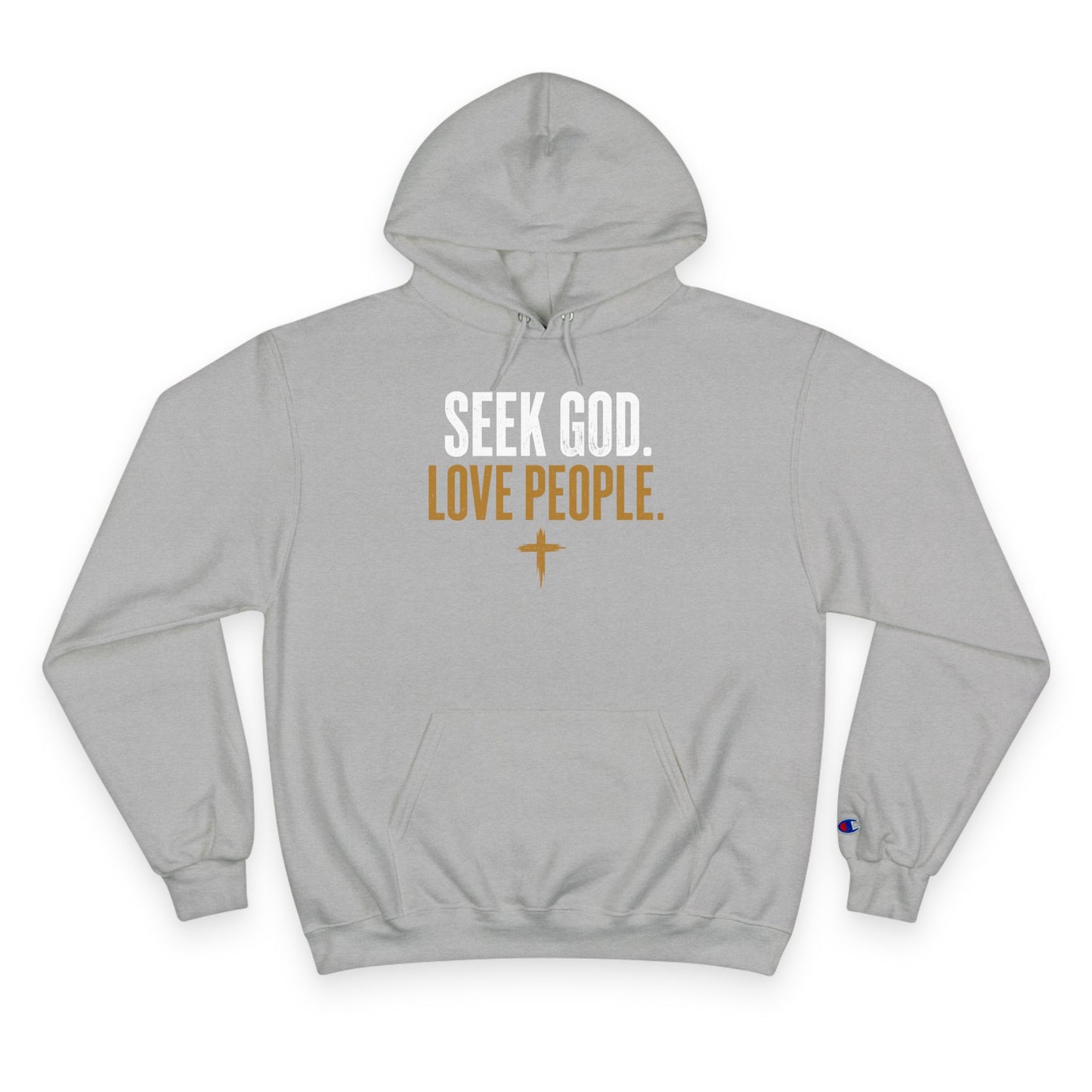 Seek God. Love People. — Stacked Champion Hoodie in Light Steel by Torch of Christ Ministries
