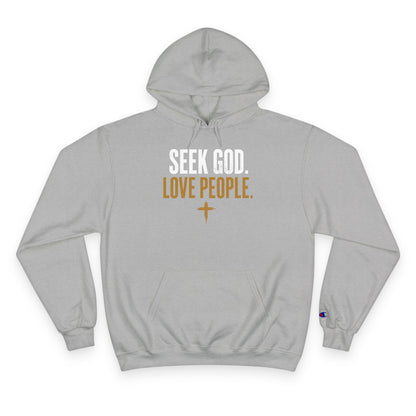 Seek God. Love People. — Stacked Champion Hoodie in Light Steel by Torch of Christ Ministries