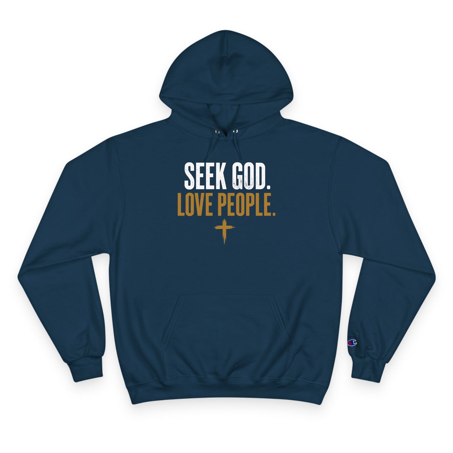 Seek God. Love People. — Stacked Champion Hoodie in Navy by Torch of Christ Ministries