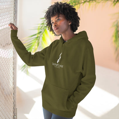 White embroidered Torch Logo Lane Seven fleece hoodie