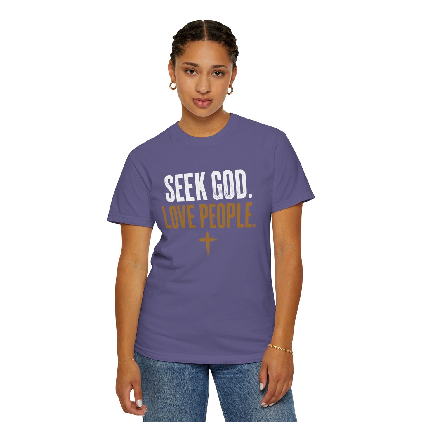 Seek God. Love People. – Stacked Tee, Deep Palette (Comfort Colors) – product image 4