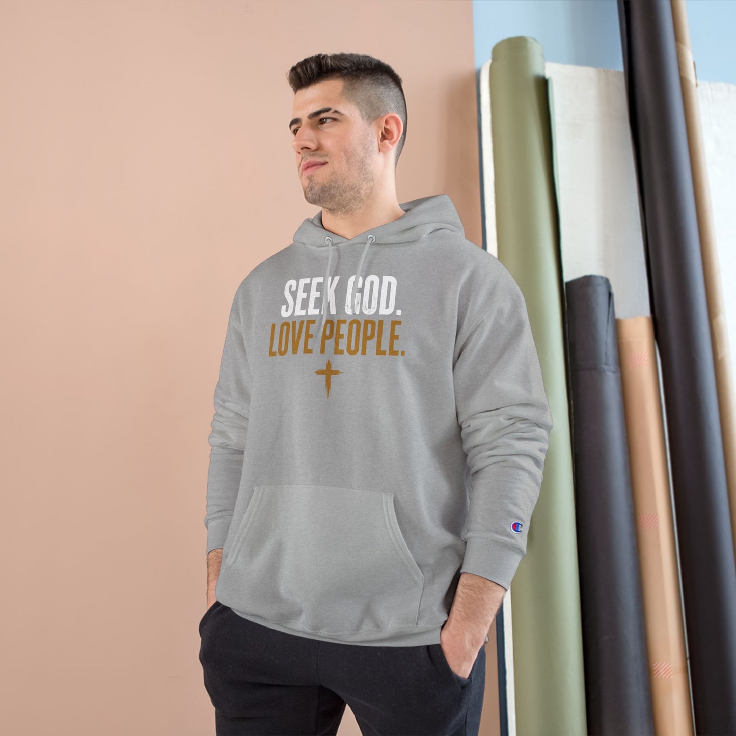 Seek God. Love People. — Stacked Champion Hoodie in Light Steel — alternate product view 3