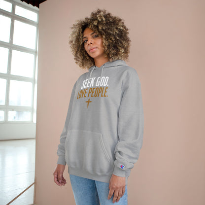 Seek God. Love People. — Stacked Champion Hoodie in Light Steel — alternate product view 4