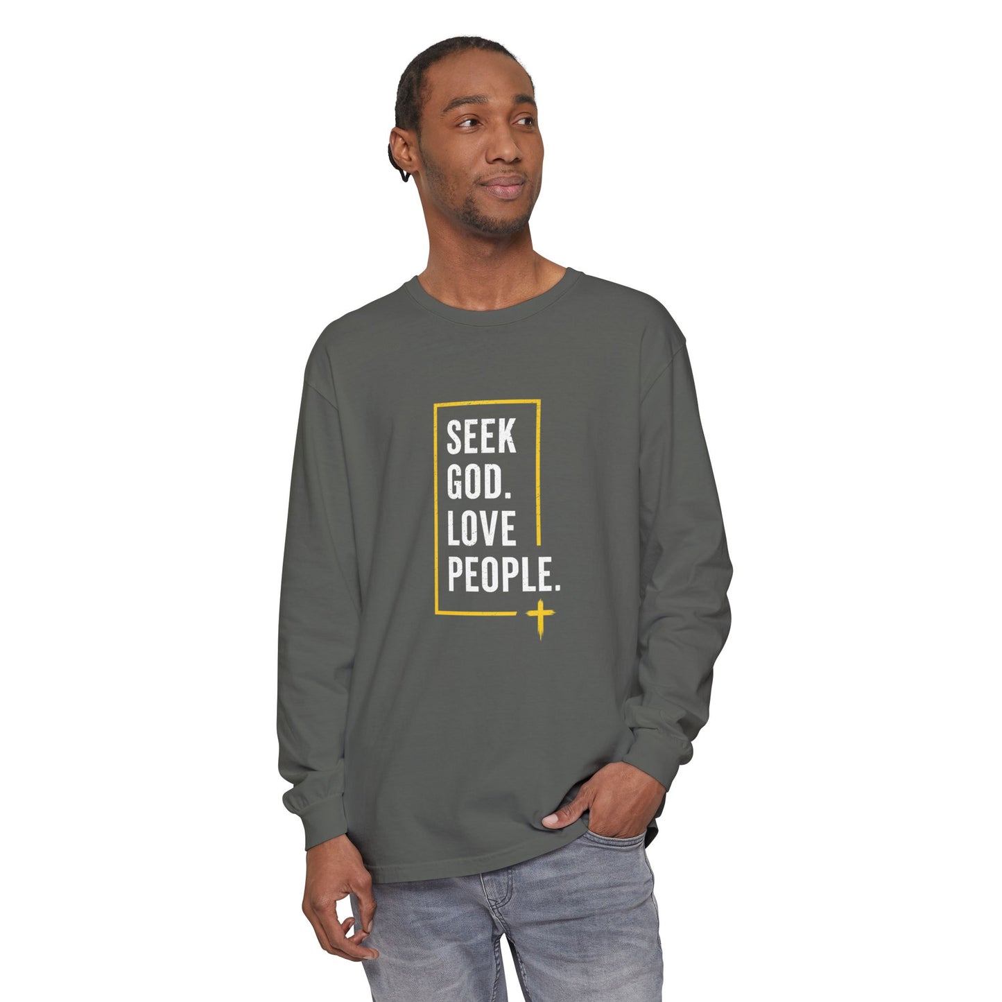 Seek God. Love People. – Stacked Long-Sleeve Tee (Comfort Colors) – product image 3