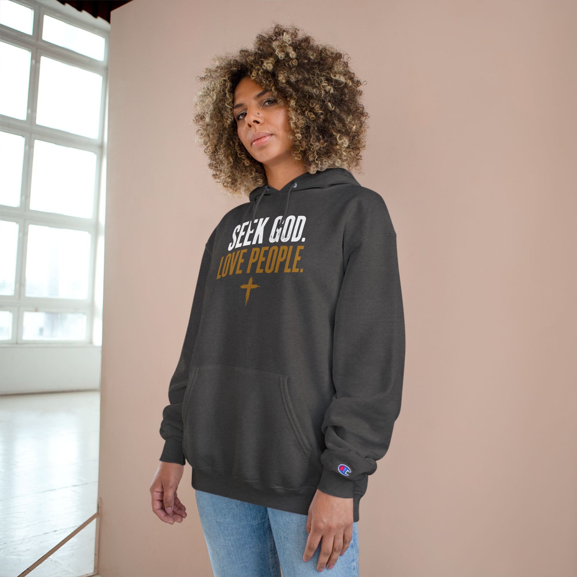 Seek God. Love People. — Stacked Champion Hoodie in Charcoal Heather — alternate product view 4
