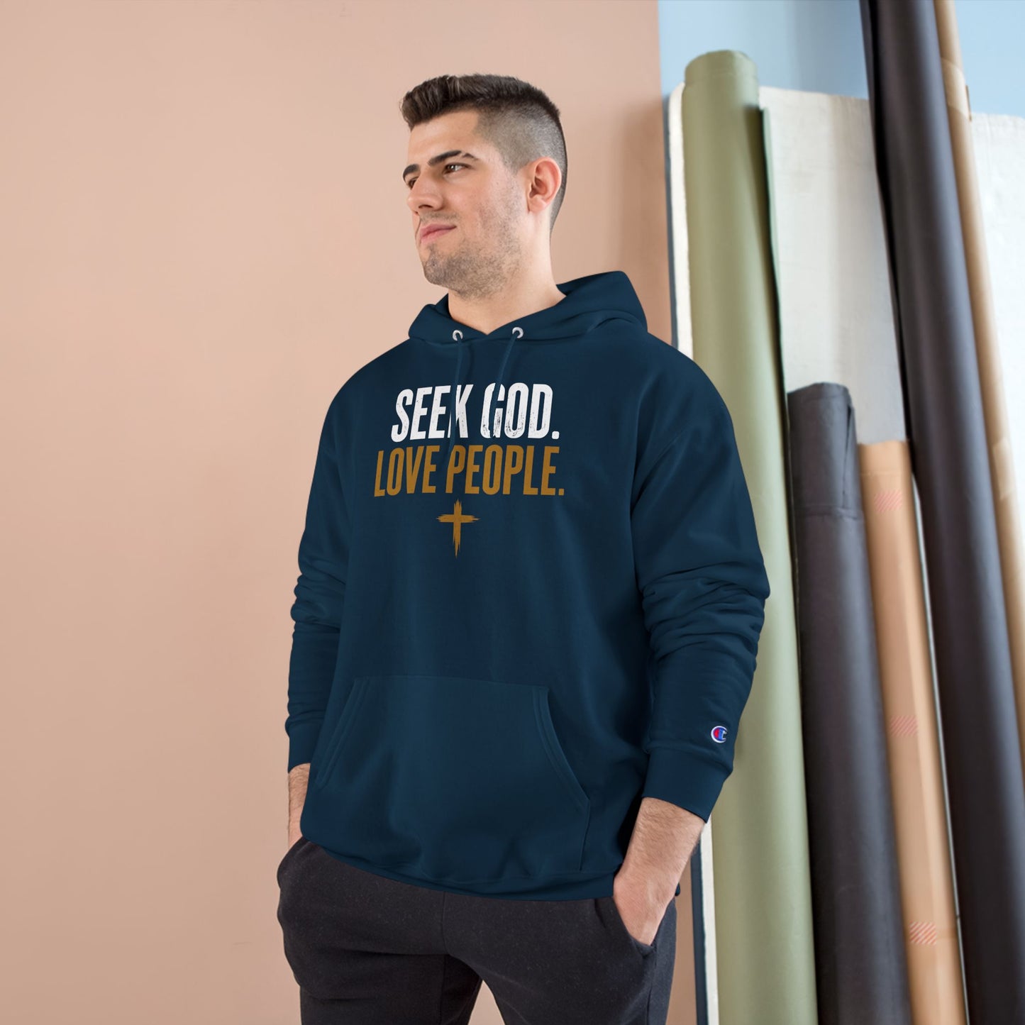 Seek God. Love People. — Stacked Champion Hoodie in Navy — alternate product view 3