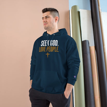 Seek God. Love People. — Stacked Champion Hoodie in Navy — alternate product view 3