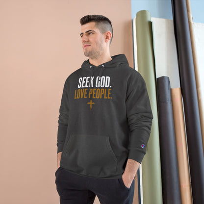 Seek God. Love People. — Stacked Champion Hoodie in Charcoal Heather — alternate product view 3