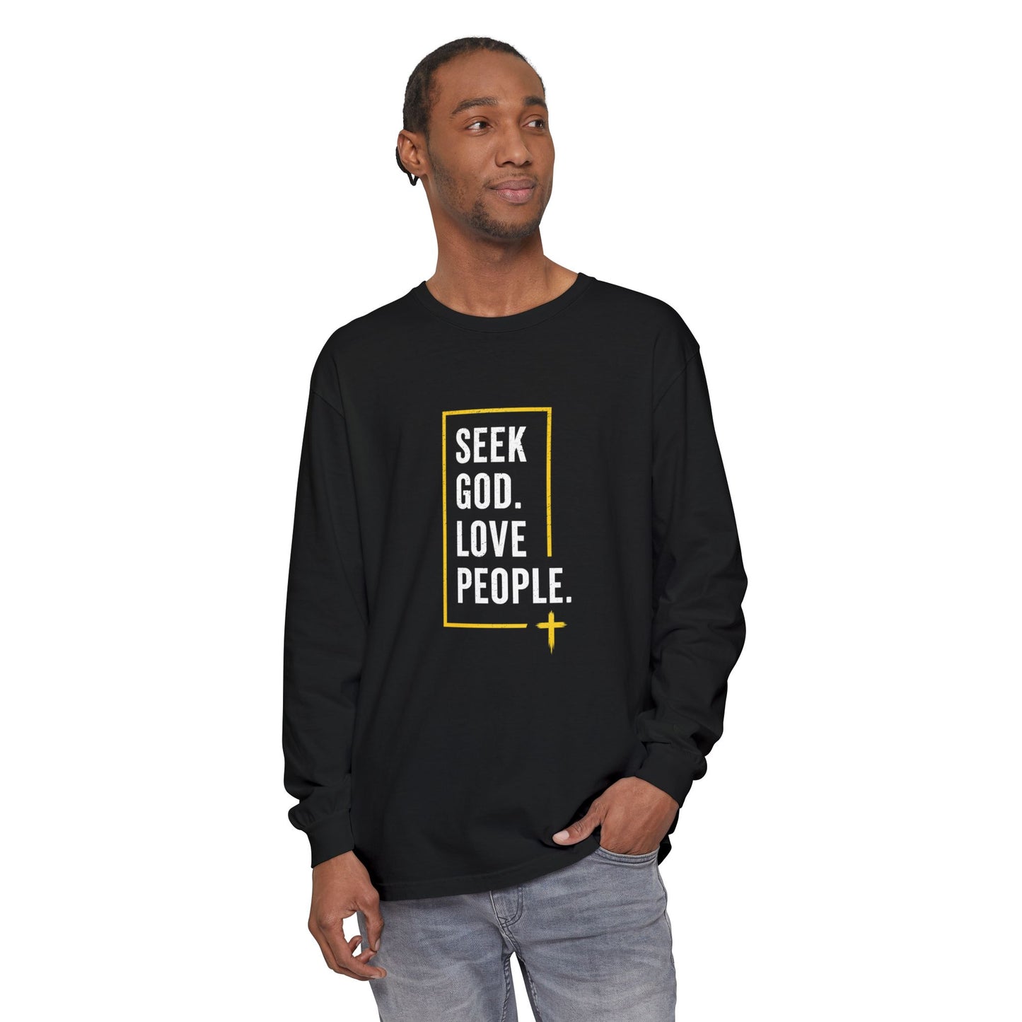 Seek God. Love People. – Stacked Long-Sleeve Tee (Comfort Colors) – product image 1