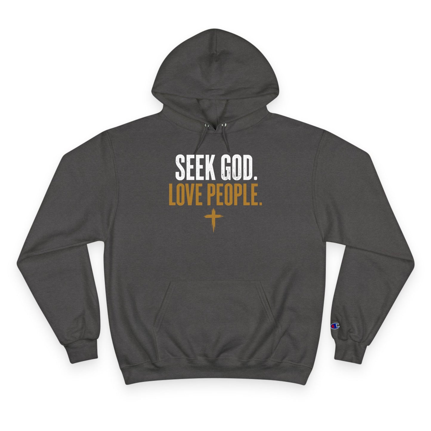 Seek God. Love People. — Stacked Champion Hoodie in Charcoal Heather by Torch of Christ Ministries