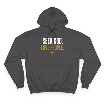 Seek God. Love People. — Stacked Champion Hoodie in Charcoal Heather by Torch of Christ Ministries